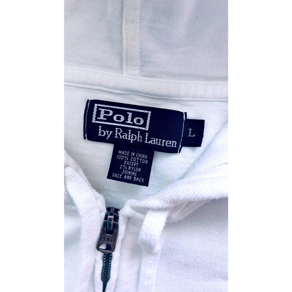 Polo Ralph Lauren White Piqué Knit Full Zip Hoodie Men's Large Navy Pony - Picture 4 of 7
